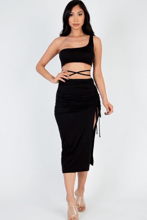 Sexy Solid Color One Shoulder Crop Top & Drawstring Ruched Crisscross Tie Back Side Slit Hem Skirt Set (CAPELLA)