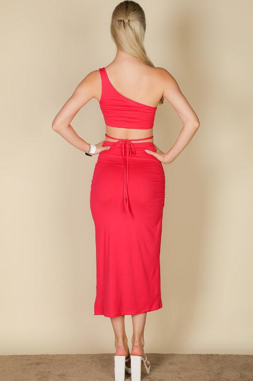 Sexy Solid Color One Shoulder Crop Top & Drawstring Ruched Crisscross Tie Back Side Slit Hem Skirt Set (CAPELLA)