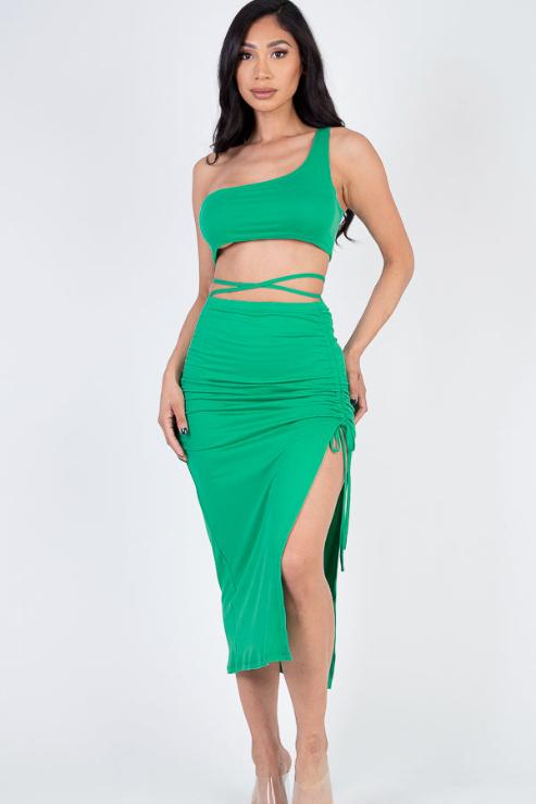 Sexy Solid Color One Shoulder Crop Top & Drawstring Ruched Crisscross Tie Back Side Slit Hem Skirt Set (CAPELLA)