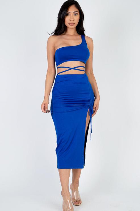 Sexy Solid Color One Shoulder Crop Top & Drawstring Ruched Crisscross Tie Back Side Slit Hem Skirt Set (CAPELLA)